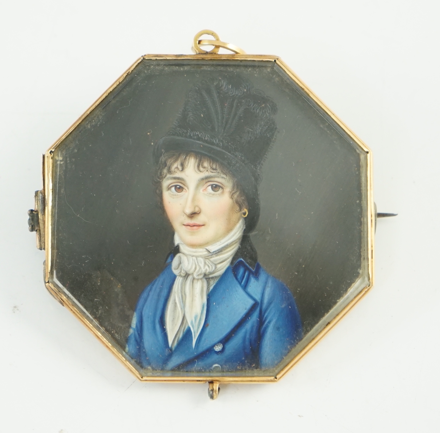 French School circa 1830, Portrait miniature of a lady wearing a black hat and blue coat, watercolour on ivory, 4.9 x 4.9cm. CITES Submission reference P7JVPY2M